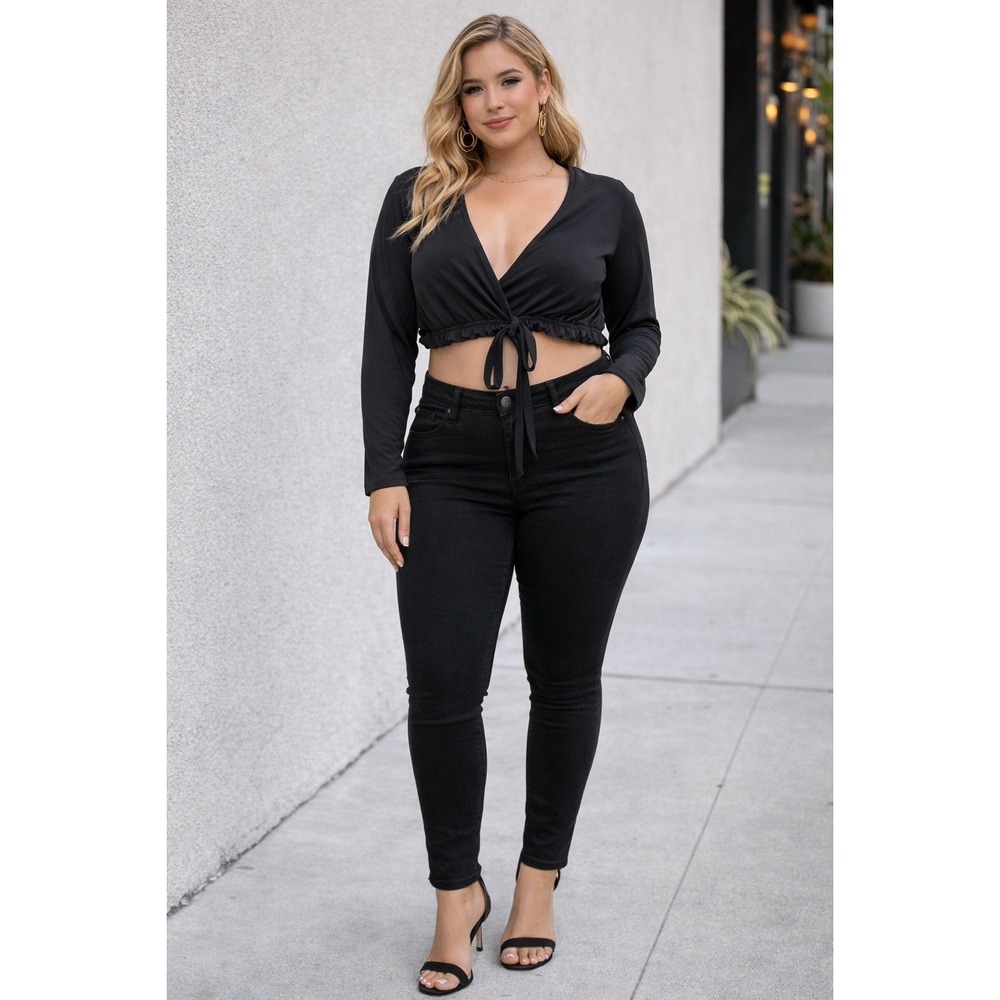 Good American Womens Black Tie Front Long‎ Sleeve Crop Top GSW0040 Size 5